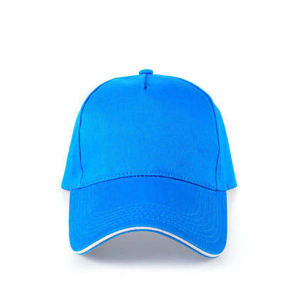 Bright blue baseball cap with a curved brim, showcasing a stylish and simple design perfect for custom embroidery.