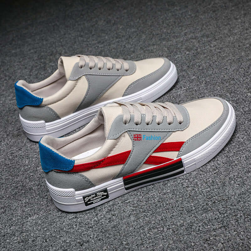 Men's Casual Canvas Sneakers with red and grey accents by BONEHEAD PRO-CREATIONS, featuring flat rubber soles.