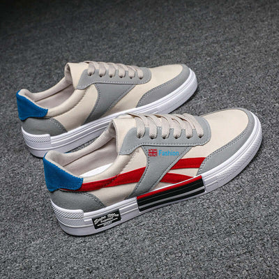 Men's Casual Canvas Sneakers with red and grey accents by BONEHEAD PRO-CREATIONS, featuring flat rubber soles.