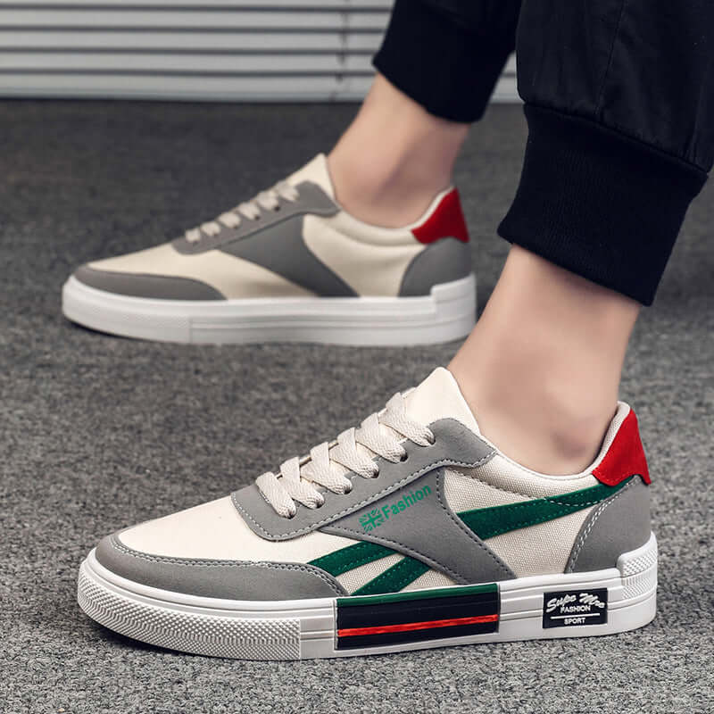 Men's casual canvas sneakers in cream, gray, and red by BONEHEAD PRO-CREATIONS, featuring flat heels and round toe design.