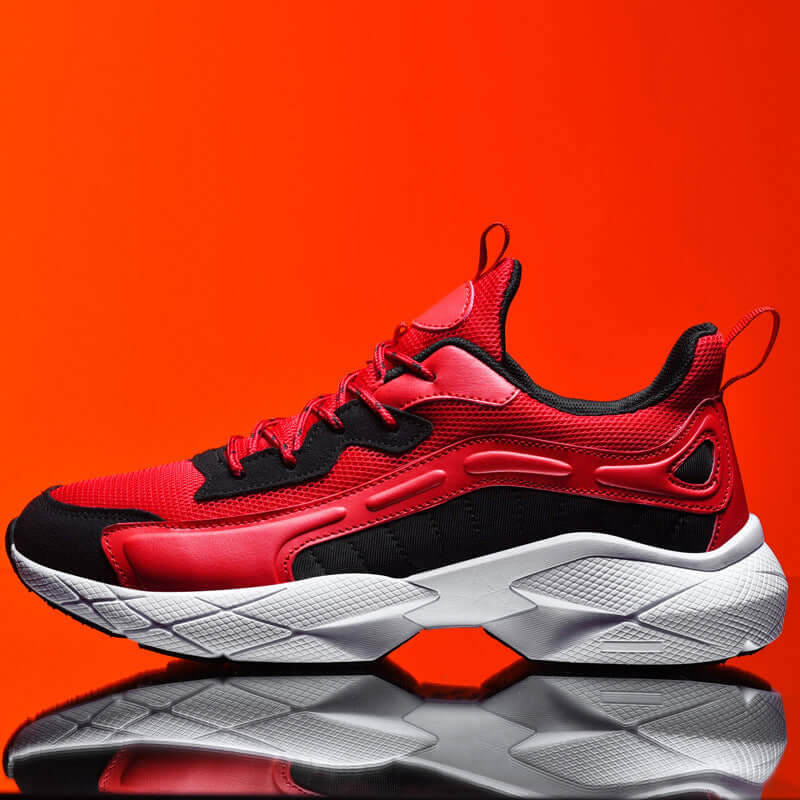 New red and black breathable men's casual sports shoes from BONEHEAD PRO-CREATIONS, ideal for running and daily wear.