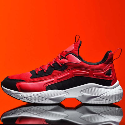 New red and black breathable men's casual sports shoes from BONEHEAD PRO-CREATIONS, ideal for running and daily wear.