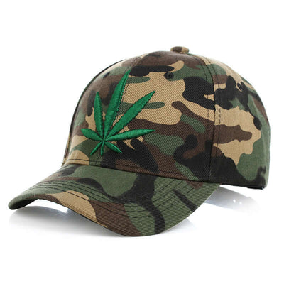 Simple Green Maple Leaf Hemp Leaf Baseball Cap by BONEHEAD PRO-CREATIONS in camouflage design, suitable for all genders.