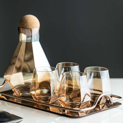 Large capacity glass water bottle and colorful glass cup set on a tray, featuring a light luxury design.