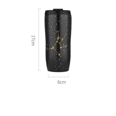 Cute black stainless steel mug with constellation design, Nordic style, removable ceramic cover, 301-400ml capacity.