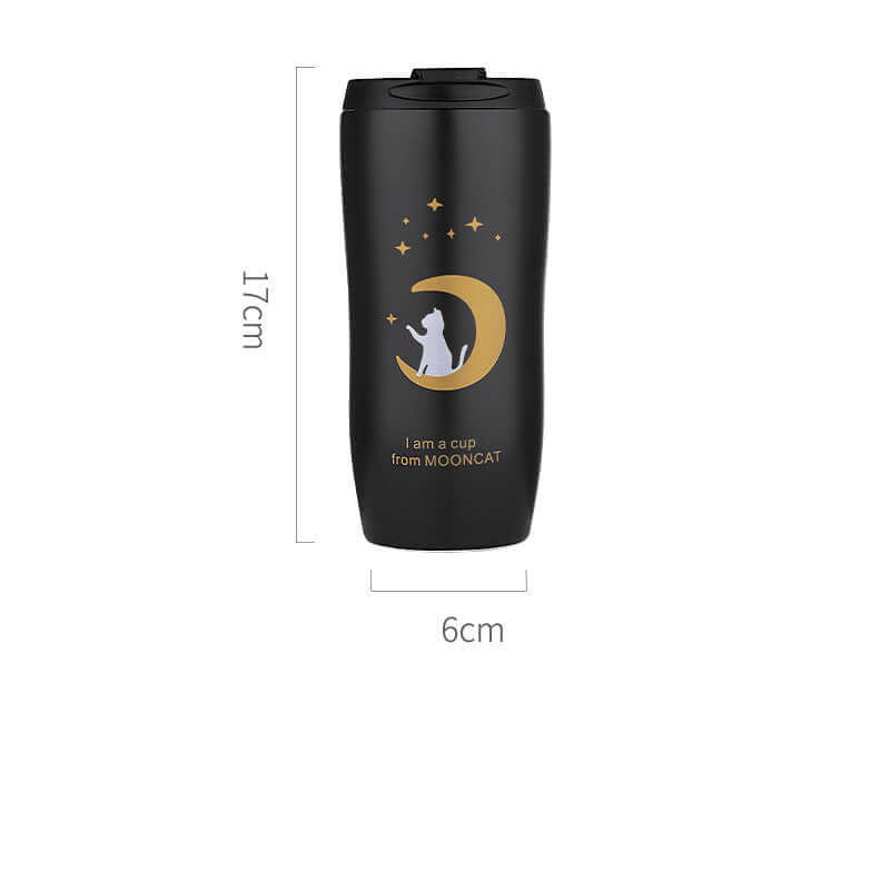 Cute black travel mug featuring a cat and moon design, ideal for coffee on the go.