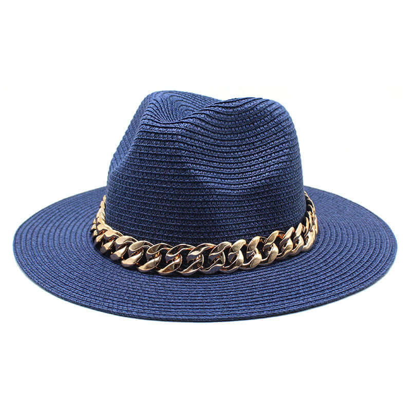 Summer hat by BONEHEAD PRO-CREATIONS in navy blue with gold chain detail, perfect for casual outdoor wear.