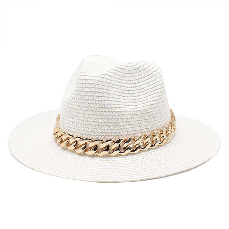 Stylish white summer hat with gold chain detail, perfect for casual outings and sun protection, from BONEHEAD PRO-CREATIONS.