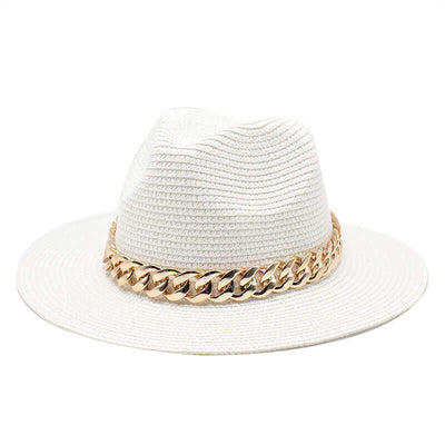 Stylish white summer hat with gold chain detail, perfect for casual outings and sun protection, from BONEHEAD PRO-CREATIONS.