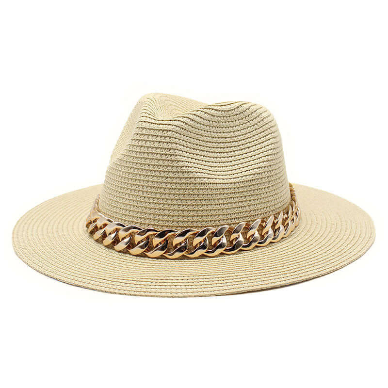 Stylish beige summer hat with chain detail by BONEHEAD PRO-CREATIONS, perfect for casual outings and outdoor activities.