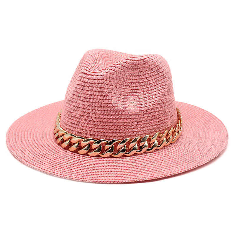 Summer pink hat with gold chain detail from BONEHEAD PRO-CREATIONS, perfect for casual outings and beach days.