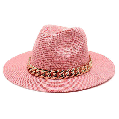 Summer pink hat with gold chain detail from BONEHEAD PRO-CREATIONS, perfect for casual outings and beach days.