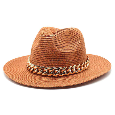 Stylish brown summer hat with a chain band from BONEHEAD PRO-CREATIONS, perfect for outdoor leisure and travel.