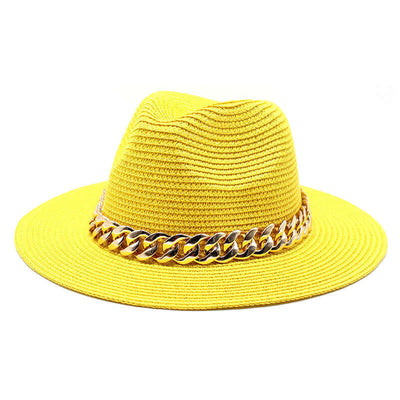 Yellow straw hat with a stylish chain band, perfect for summer outings and casual wear by BONEHEAD PRO-CREATIONS.