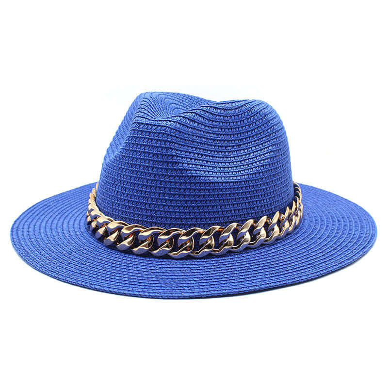 Blue straw fedora hat with gold chain, perfect for summer casual wear by BONEHEAD PRO-CREATIONS.