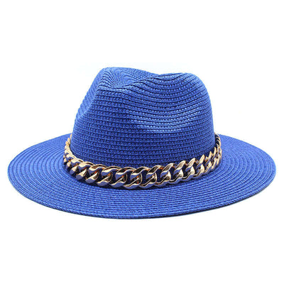 Blue straw fedora hat with gold chain, perfect for summer casual wear by BONEHEAD PRO-CREATIONS.