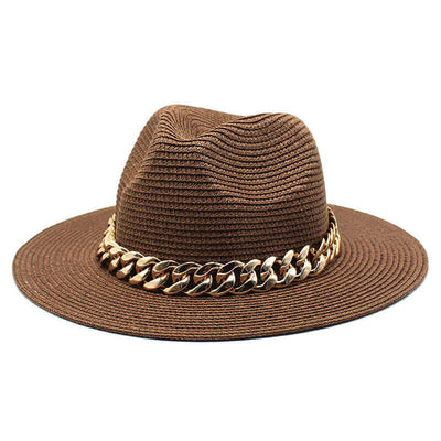 Brown summer hat with gold chain accent by BONEHEAD PRO-CREATIONS, perfect for casual outdoor adventures.
