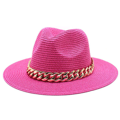 Pink straw hat with gold chain band by BONEHEAD PRO-CREATIONS, perfect for summer and outdoor activities.