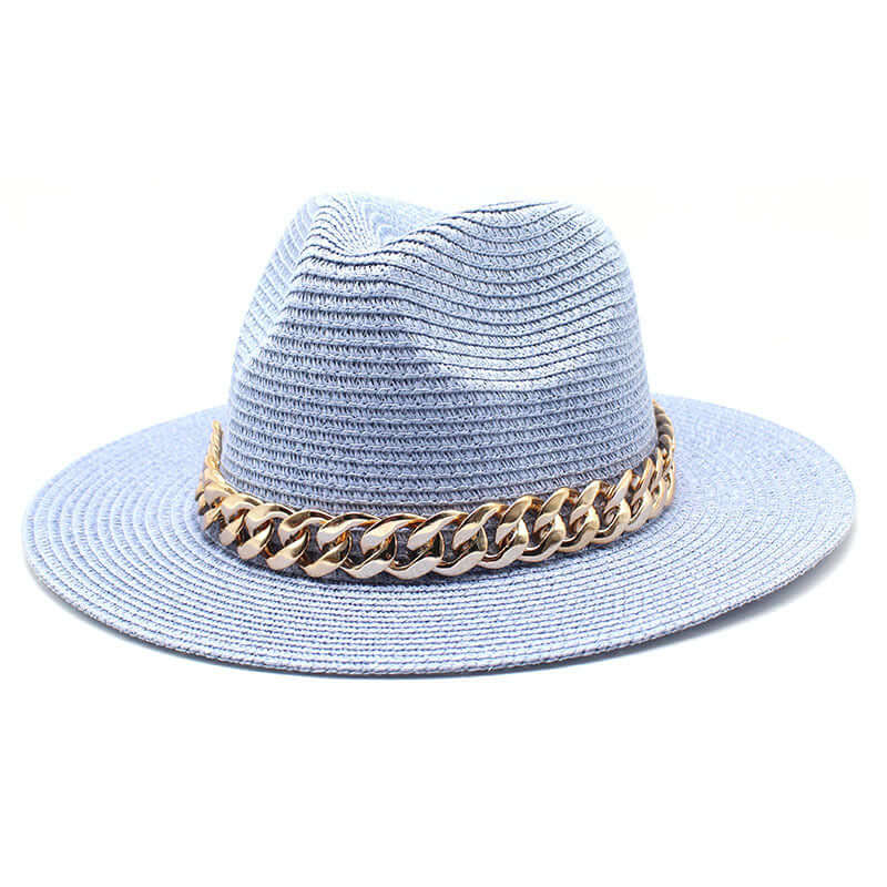 Light blue summer hat with a chain band, perfect for casual outings and outdoor activities. BONEHEAD PRO-CREATIONS.