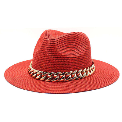 Stylish red fedora hat with gold chain band by BONEHEAD PRO-CREATIONS, perfect for casual summer wear.