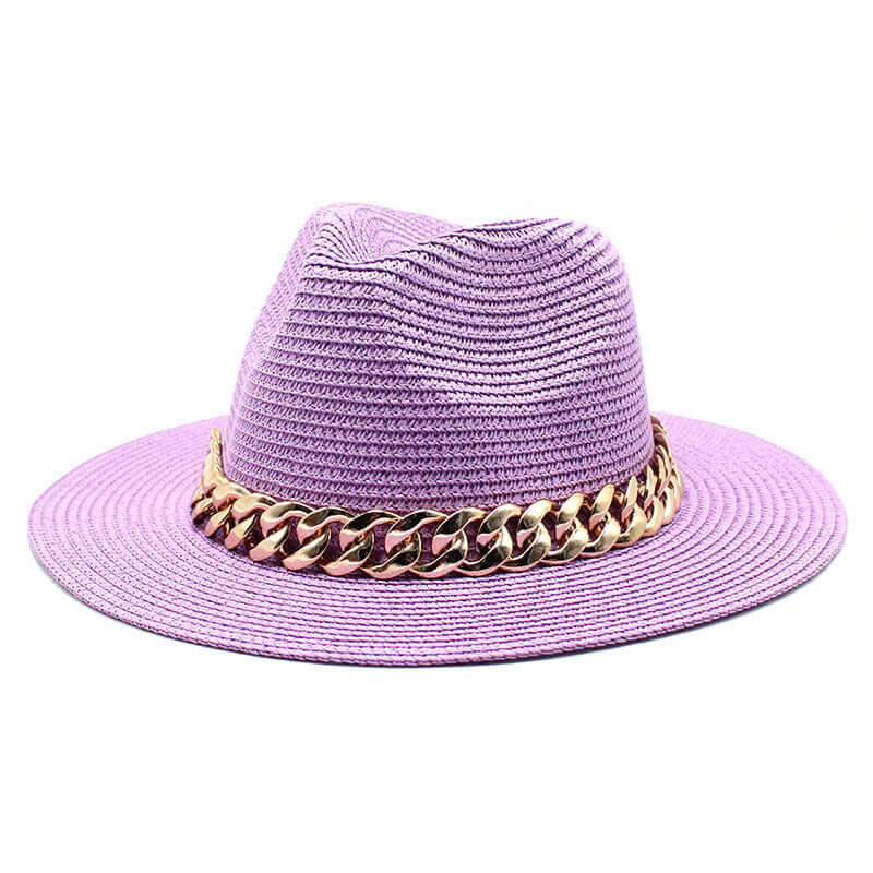 Purple straw hat with gold chain band, perfect for casual spring and summer outings from BONEHEAD PRO-CREATIONS.