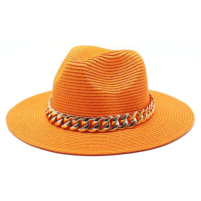Stylish orange wide-brim hat with metallic chain band, perfect for summer and casual outings.