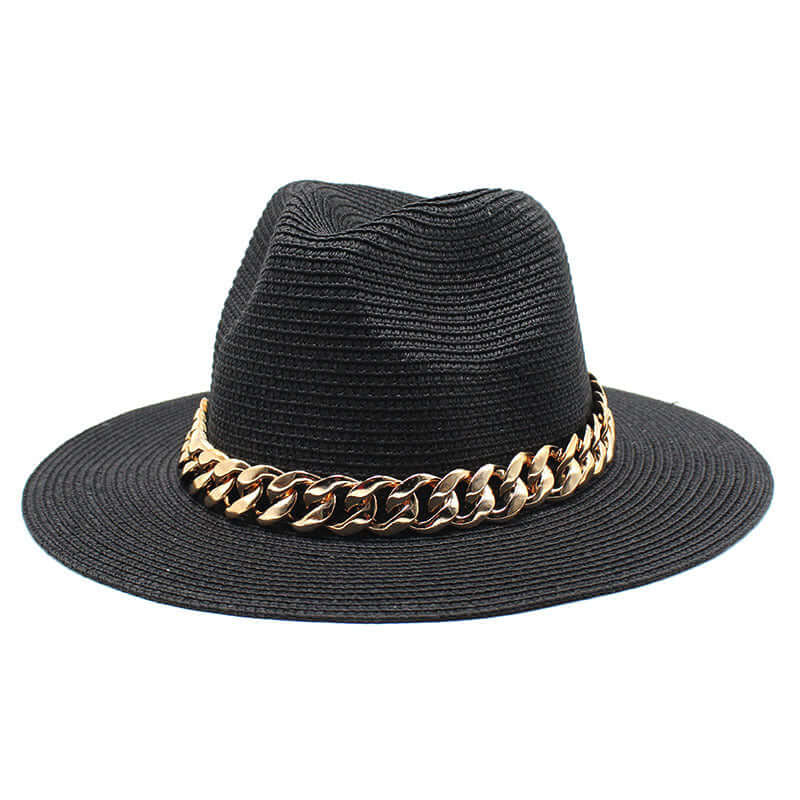 Black summer hat with gold chain detail from BONEHEAD PRO-CREATIONS, perfect for casual outings and outdoor activities.