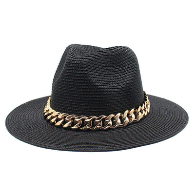 Black summer hat with gold chain detail from BONEHEAD PRO-CREATIONS, perfect for casual outings and outdoor activities.