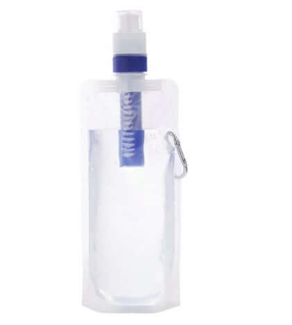 Outdoor portable folding water bag with filter for travel, transparent design with suction feature.