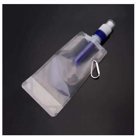 Transparent folding water bag with filter nozzle, ideal for outdoor travel and sports activities.