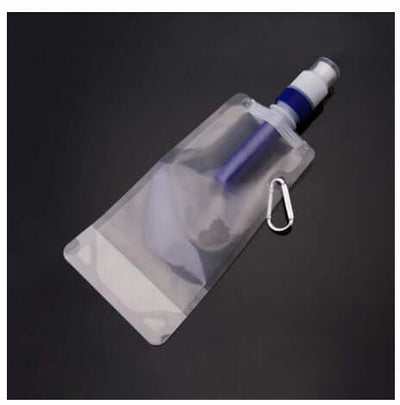 Transparent folding water bag with filter nozzle, ideal for outdoor travel and sports activities.