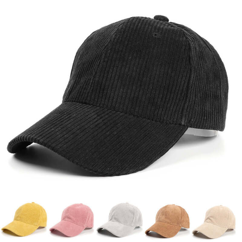 All-match pure corduroy baseball cap for men and women in black with adjustable fit, breathable and warm ideal for autumn and winter.