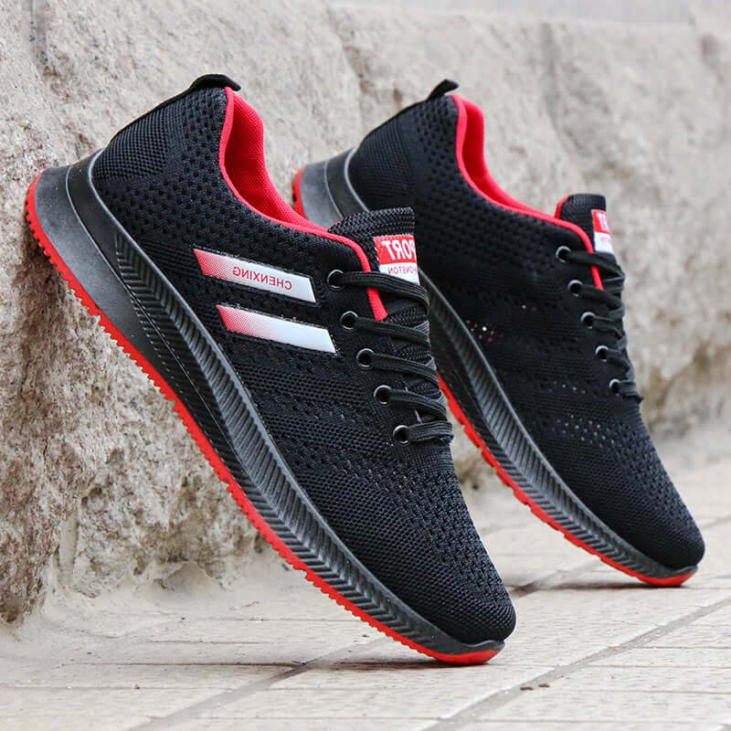 Breathable mesh casual sports shoes by BONEHEAD PRO-CREATIONS, featuring a non-slip rubber sole in black and red.