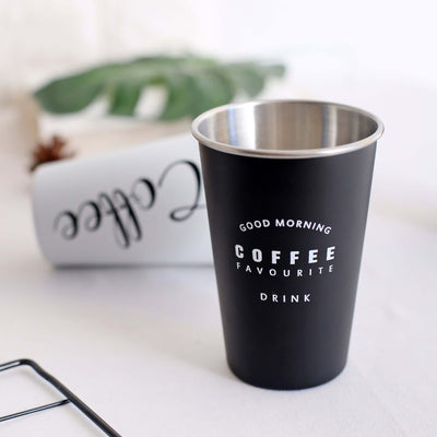 ROKEN stainless steel coffee mug in black with 'Good Morning' design, perfect for outdoor and home use.