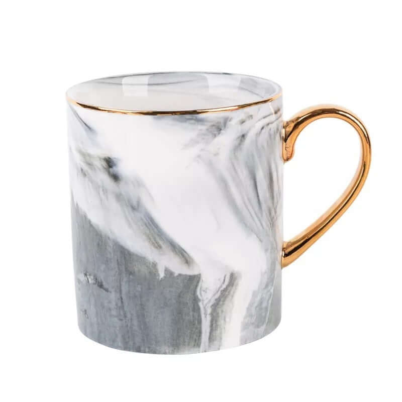 Elegant marble coffee mug made of ceramic with a golden handle, perfect for 301-400ml beverages.