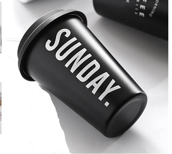 ROKEN stainless steel coffee mug in black with 'SUNDAY.' text, ideal for outdoor and office use, BPA free.