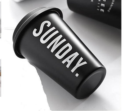 ROKEN stainless steel coffee mug in black with 'SUNDAY.' text, ideal for outdoor and office use, BPA free.