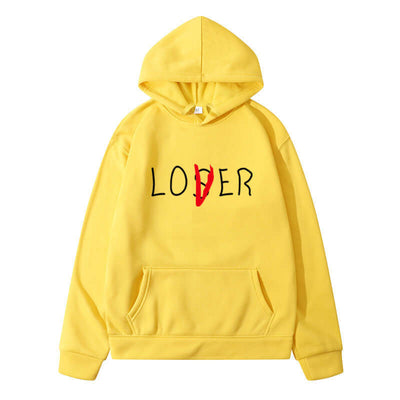 Yellow hoodie with printed 'LOVER' design, perfect for couples' leisure wear in winter.