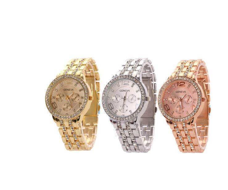 Exquisite BONEHEAD PRO-CREATIONS rhinestone wrist watches in gold, silver, and rose gold; quartz movement and elegant design.