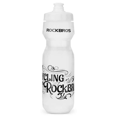 Transparent cycling water bottle with Rockbros logo and decorative text, ideal for outdoor biking.