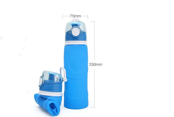 Blue silicone folding water bottle, portable, food grade, 701-800ml capacity, ideal for travel.