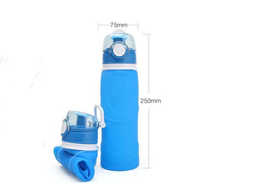 Blue silicone folding water bottle, portable, food grade, 701-800ml capacity, ideal for travel.