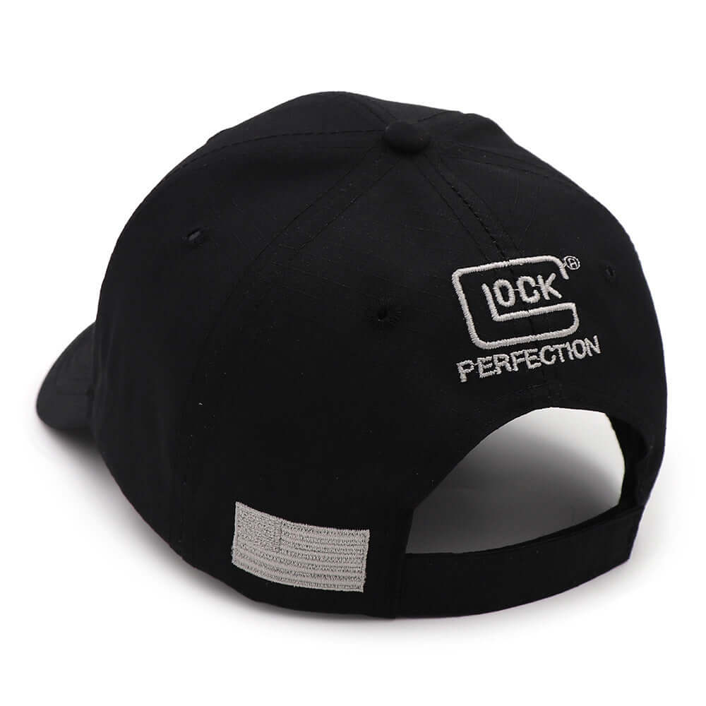 Black baseball cap with adjustable snapback and 'LOCK PERFECTION' embroidered logo on the back, stylish casual wear.