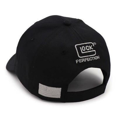 Black baseball cap with adjustable snapback and 'LOCK PERFECTION' embroidered logo on the back, stylish casual wear.
