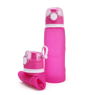 Pink silicone folding water bottles, travel-friendly, food-grade material, capacity 701-800ml, perfect for outdoor adventures.