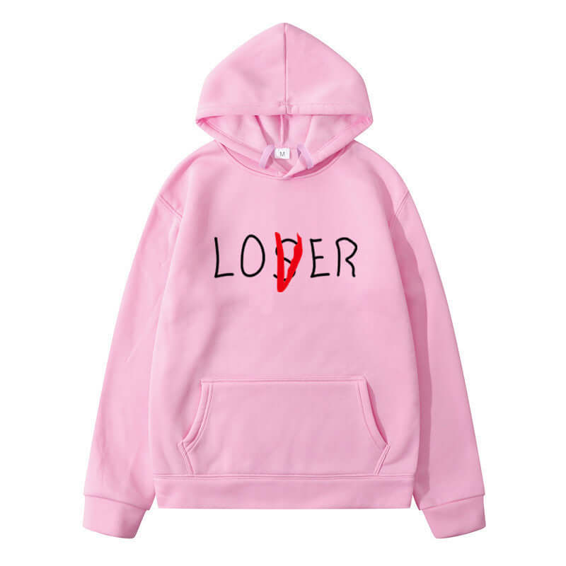 Pink hoodie with 'LOVER' graphic print, perfect for winter leisure wear for couples.