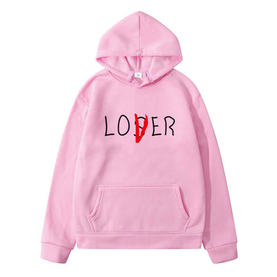 Pink hoodie with 'LOVER' graphic print, perfect for winter leisure wear for couples.
