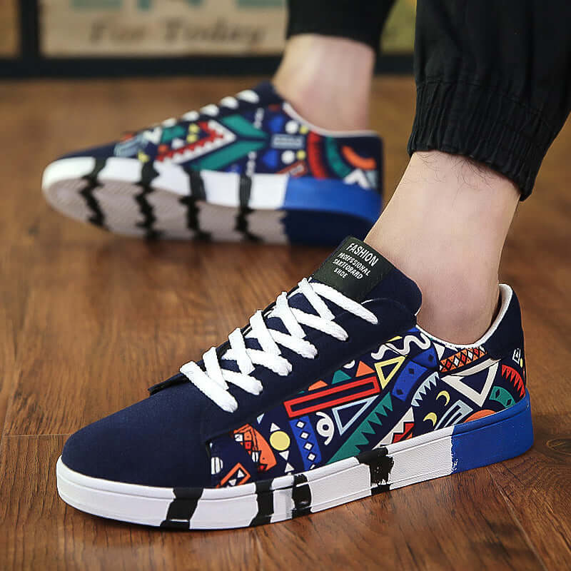 Trendy canvas shoes with colorful geometric patterns, perfect for spring, autumn, and summer. BONEHEAD PRO-CREATIONS.