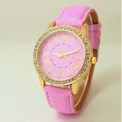 Pink Women's Leather Band Geneva Watch with Roman Numerals and Rhinestones by BONEHEAD PRO-CREATIONS.