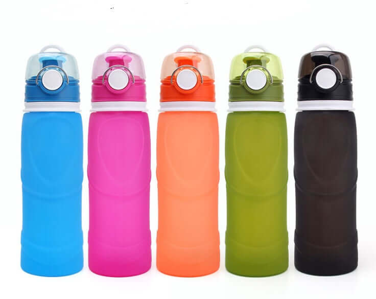 Colorful silicone folding water bottles in blue, pink, orange, green, and black, ideal for travel and outdoor use.